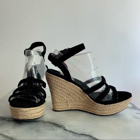 NWT UGG Australia strappy espadrille wedge sandals in black suede, with shoe box - Picture 1 of 7